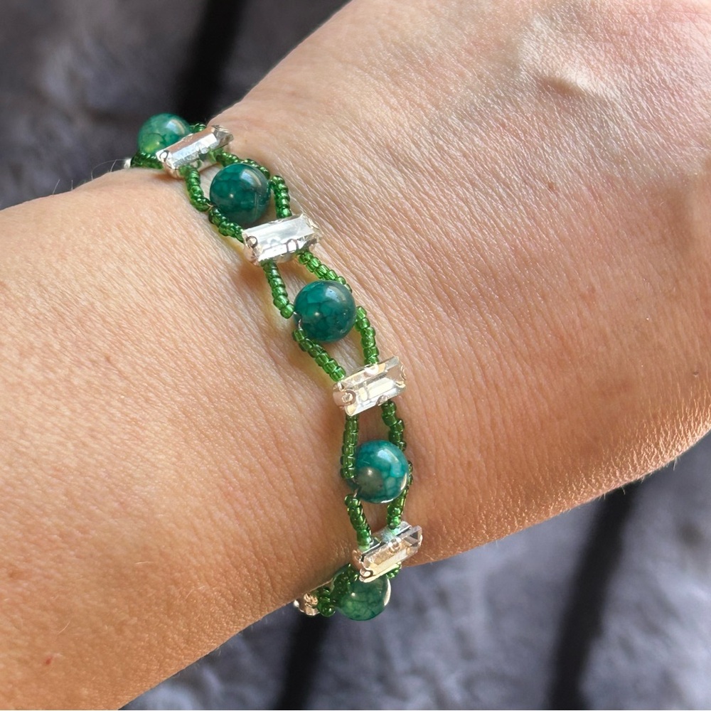 Handcrafted 8mm dragon vein agate lattice seed bead faceted glass bar bracelet